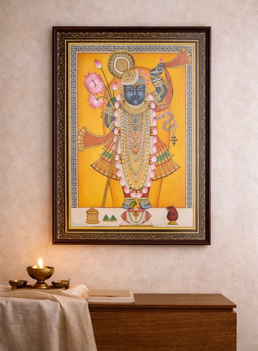 Shreenathji (Shrinathji) Handpainted Pichwai Artwork – Gold Detailing (22” x 28” Framed)