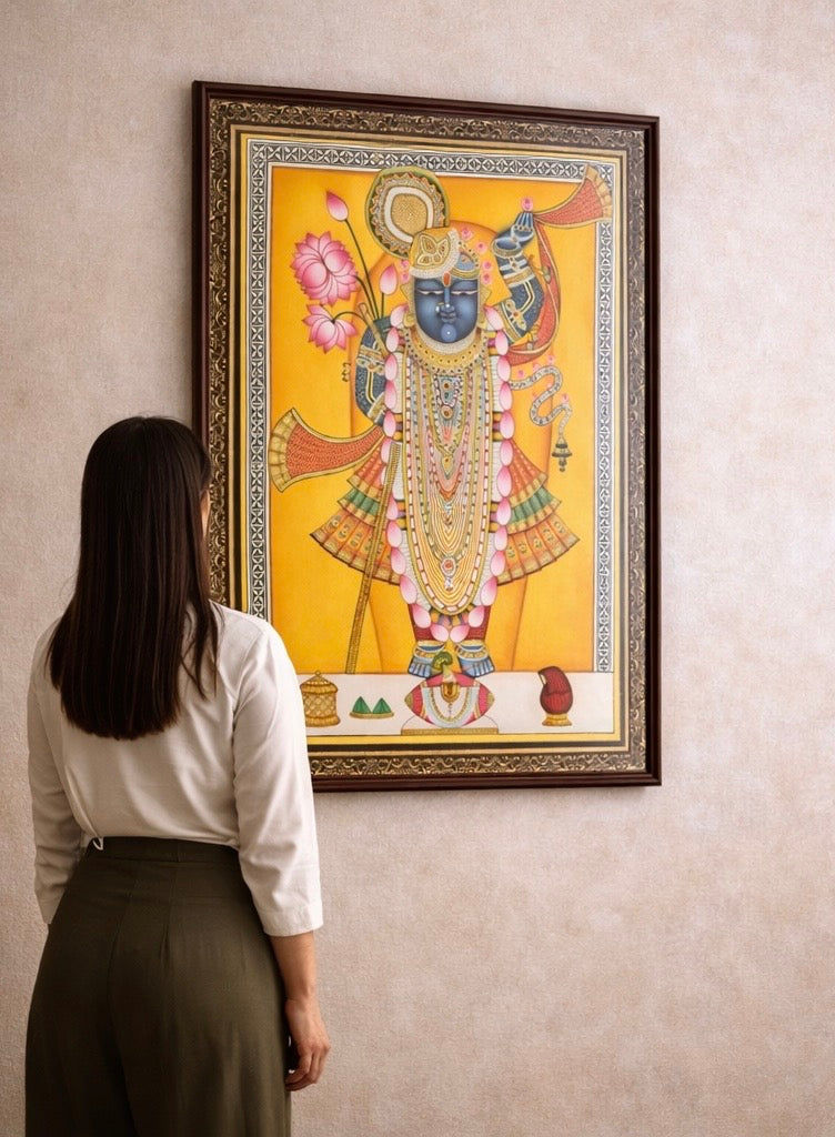 Shreenathji (Shrinathji) Handpainted Pichwai Artwork – Gold Detailing (22” x 28” Framed)