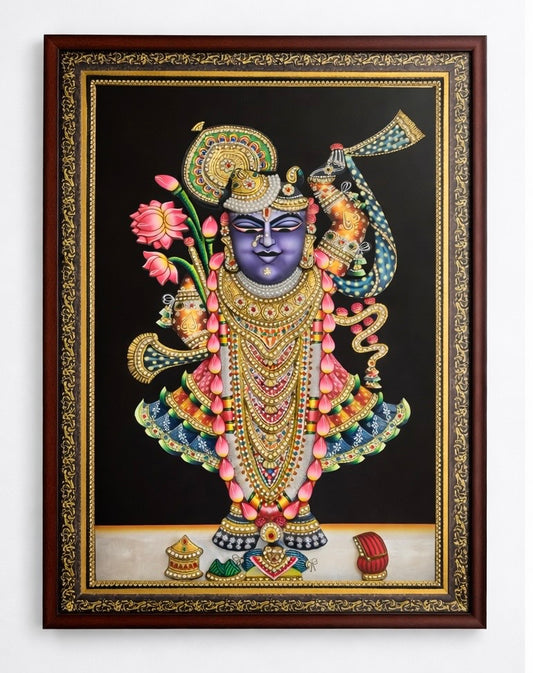 3D Nathdwara Rajbhog Shreenathji (Shrinathji) Handcrafted Artwork – 24ct Gold Leaf & Swarovski Crystal Embellished (22” x 28” x 3”)