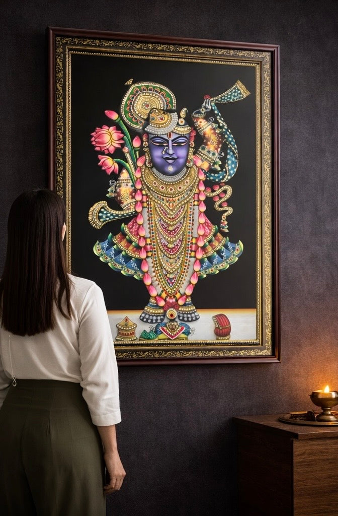 3D Nathdwara Rajbhog Shreenathji (Shrinathji) Handcrafted Artwork – 24ct Gold Leaf & Swarovski Crystal Embellished (22” x 28” x 3”)