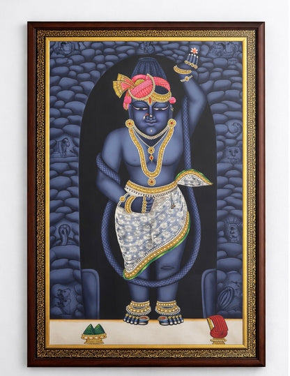 Large Shreenathji (Shrinathji) Mangla Swaroop Handpainted Artwork – 24kt Gold Leaf & Swarovski Crystal Embellished (24” x 36”)