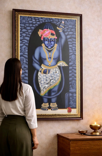 Large Shreenathji (Shrinathji) Mangla Swaroop Handpainted Artwork – 24kt Gold Leaf & Swarovski Crystal Embellished (24” x 36”)
