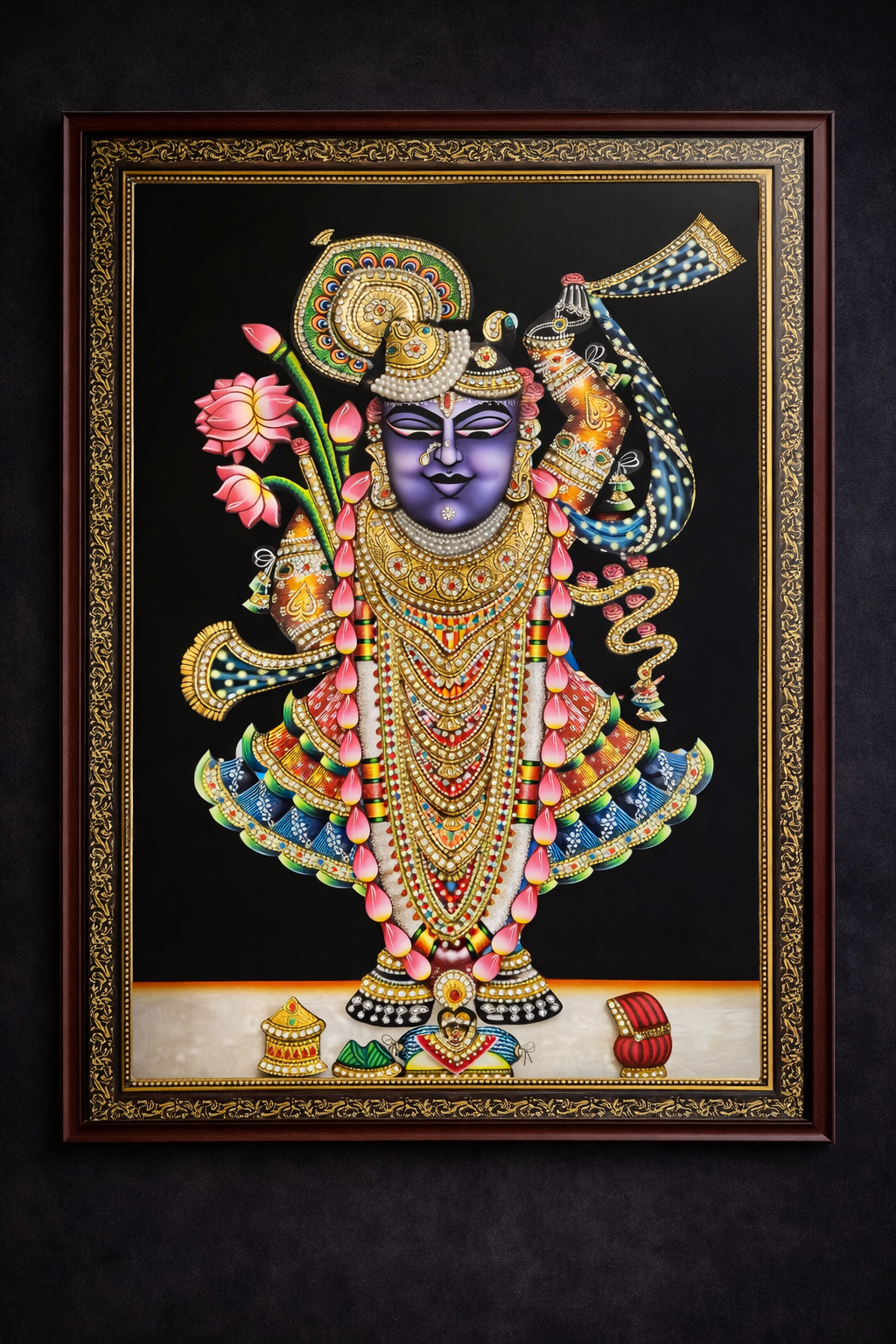 3D Nathdwara Rajbhog Shreenathji (Shrinathji) Handcrafted Artwork – 24ct Gold Leaf & Swarovski Crystal Embellished (22” x 28” x 3”)