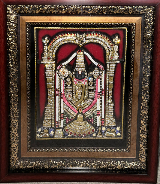 3D Tirupati Balaji Wooden Artwork – Hand-Painted with Swarovski Embellishments (12x14 Inches, Framed)