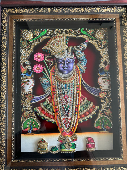 3D Rajbhog Shreenathji Artwork – Handcrafted with 24kt Gold Leaf & Swarovski Crystals (16 x 20 x 3 Inches)