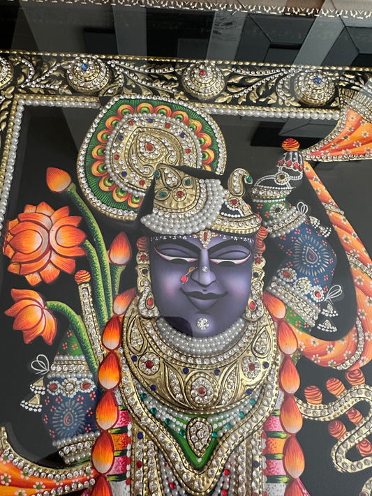 3D Shreenathji Rajbhog Pichwai – 24ct Gold, Swarovski Work (18x24x3”)