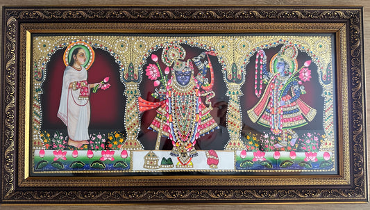 Shreenathji, Yamunaji & Mahaprabhuji Pichwai – Raised Wooden Panel (24" x 13")