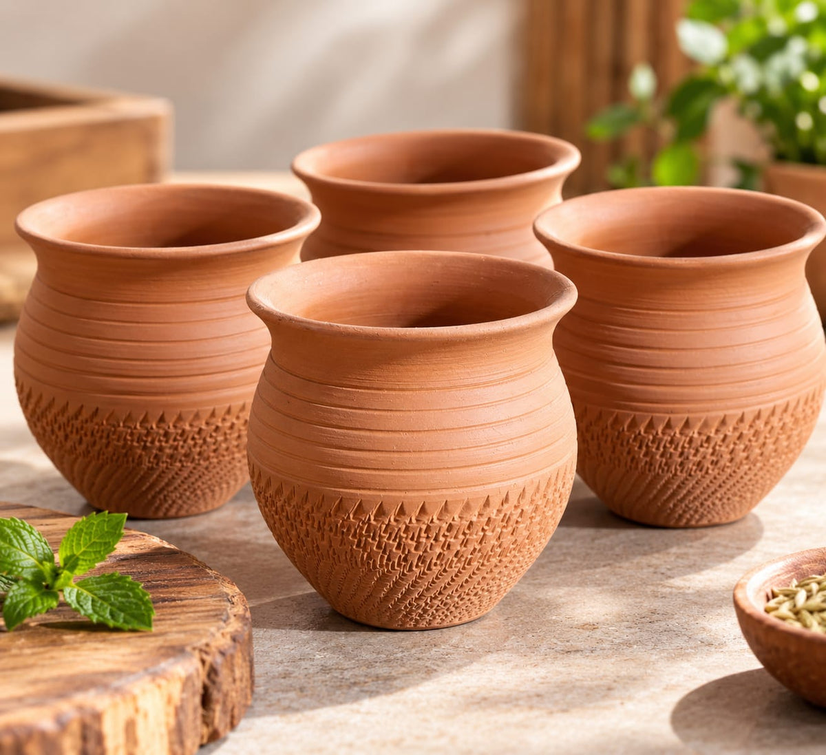 Four terracotta chai kulhad cups with flared rims, horizontal grooves and textured diagonal patterns.