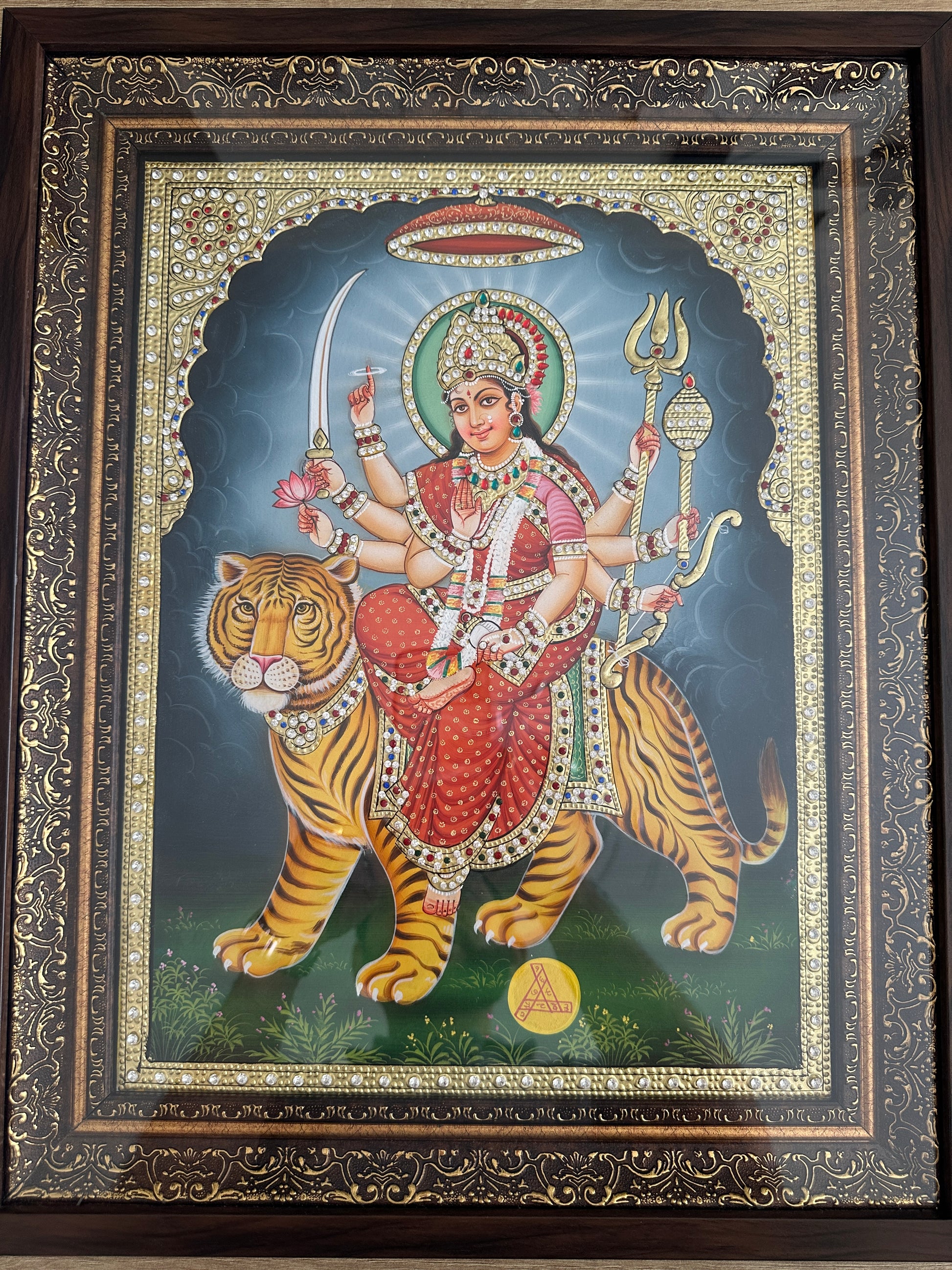 Large handpainted Ambe Maa Durga Maa artwork with 24kt gold leaf and Swarovski crystals framed devotional wall art