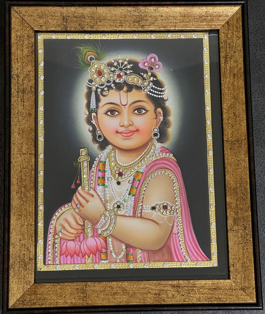 Handpainted Baby Krishna (Bal Krishna) artwork with gold detailing, framed devotional wall art