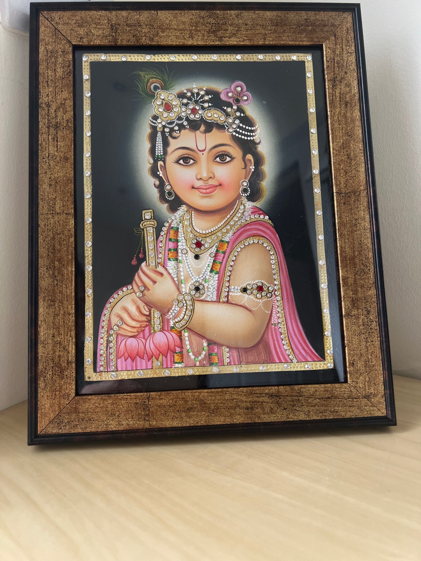Baby Krishna devotional artwork framed for home mandir or spiritual décor