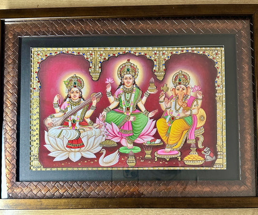 Close-up of Lakshmi Saraswati Ganesh artwork showing 24kt gold leaf detailing