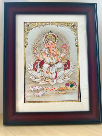 Handpainted Ganpati Bappa (Ganesha) artwork with 24kt gold foil and Swarovski crystal detailing, framed devotional painting