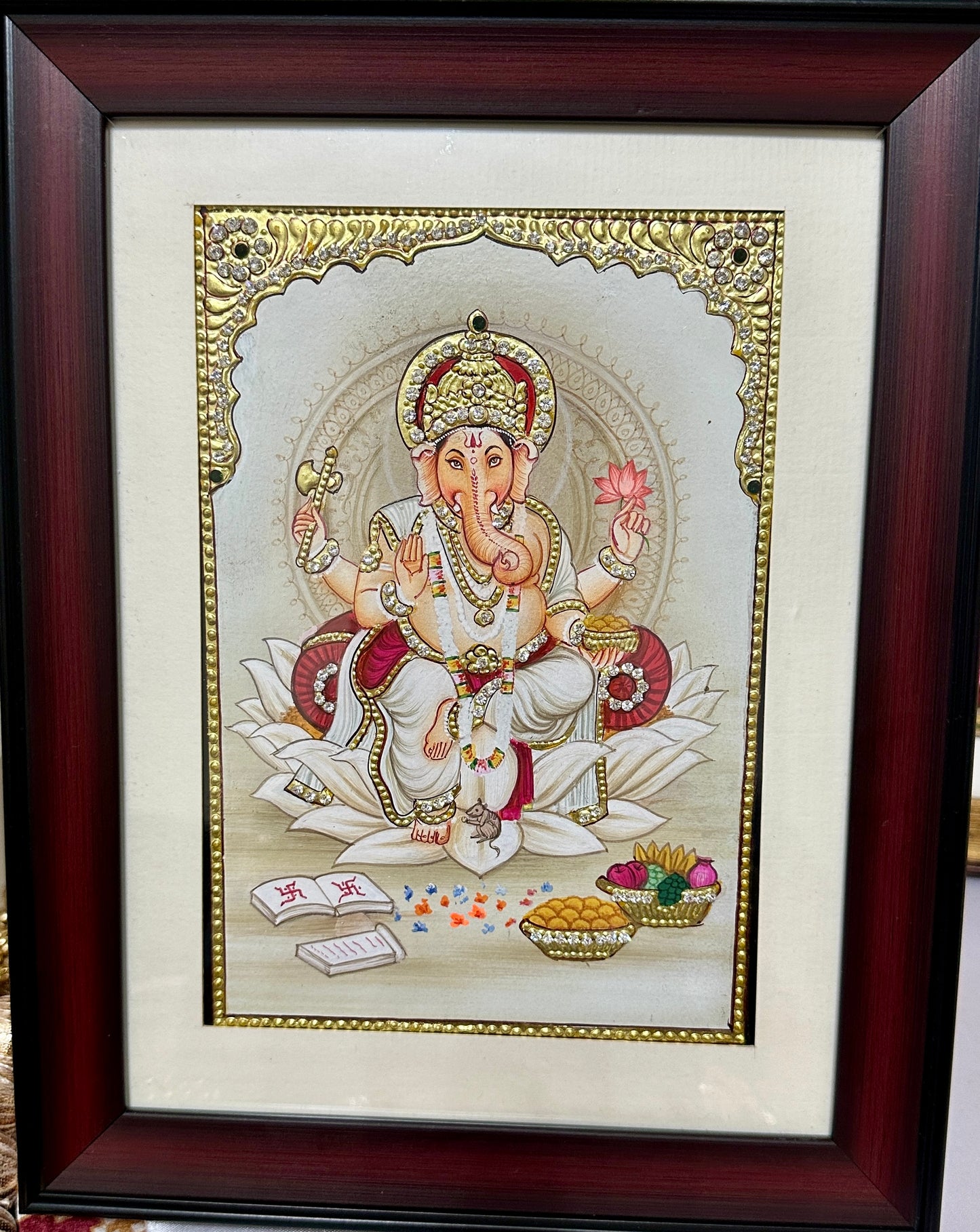Handpainted Ganpati Bappa (Ganesha) artwork with 24kt gold foil and Swarovski crystal detailing, framed devotional painting
