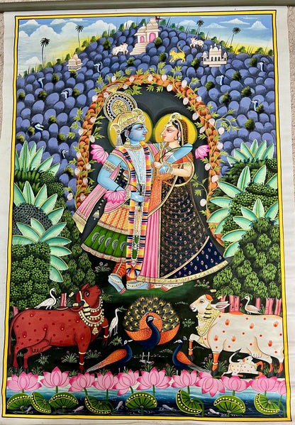 Handpainted Radha-Krishna Pichwai artwork with Govardhan Parvat and 24kt gold leaf on cotton canvas
