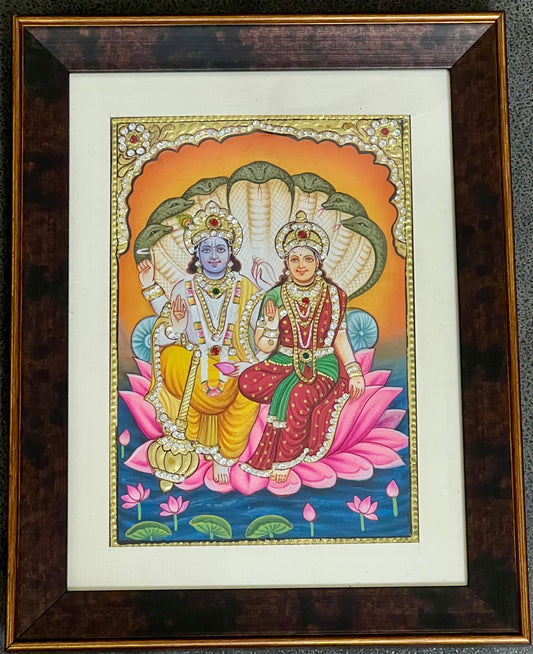Handpainted Lakshmi Narayan artwork with 24kt gold foil and Swarovski crystal detailing, framed devotional painting