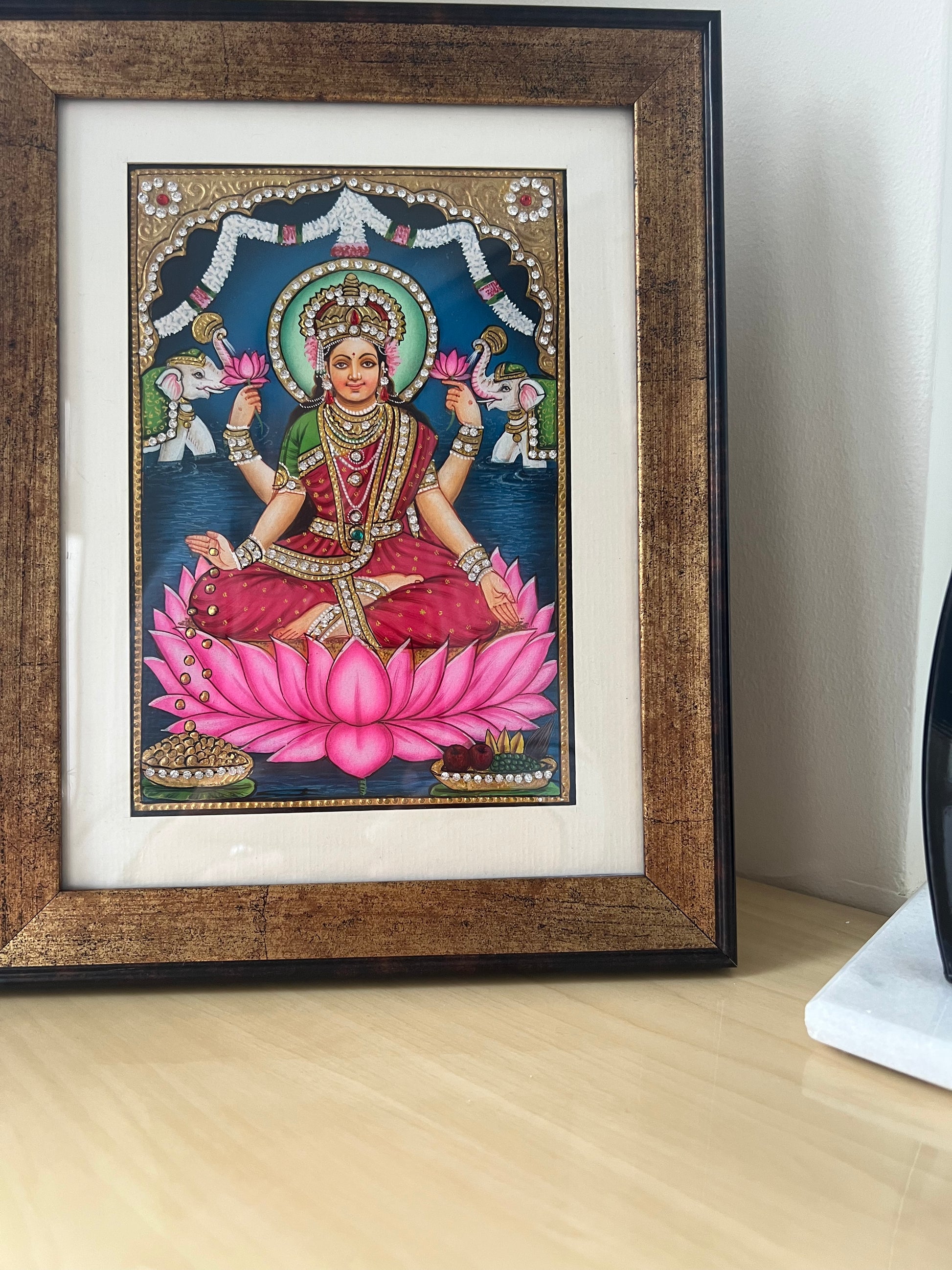 Maa Lakshmi framed artwork for home mandir, spiritual décor and prosperity