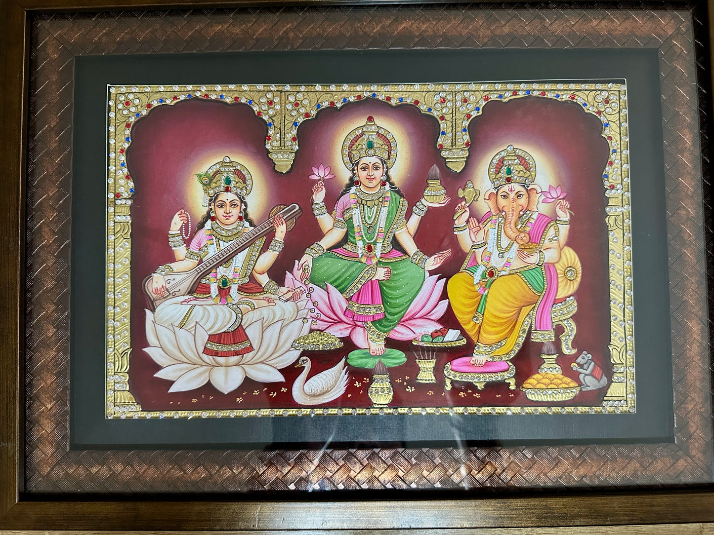 Lakshmi Saraswati Ganesh handpainted artwork with 24kt gold leaf and Swarovski crystals framed wall art