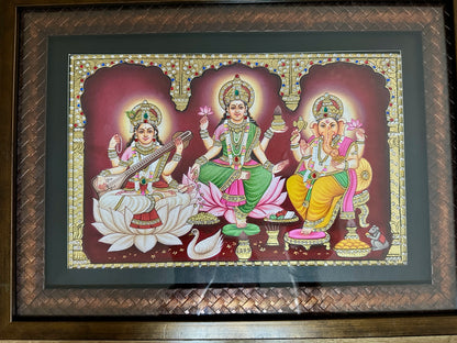 Lakshmi Saraswati Ganesh handpainted artwork with 24kt gold leaf and Swarovski crystals framed wall art