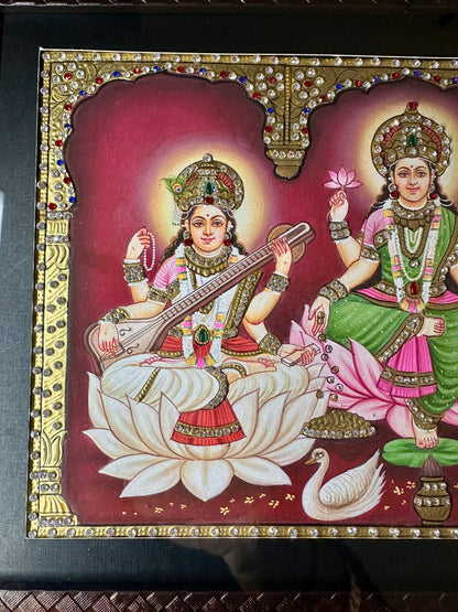 Lakshmi Saraswati Ganesh framed devotional artwork for home mandir décor