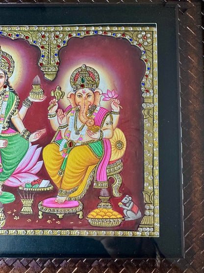 Traditional Lakshmi Saraswati Ganesh artwork representing wealth knowledge and success