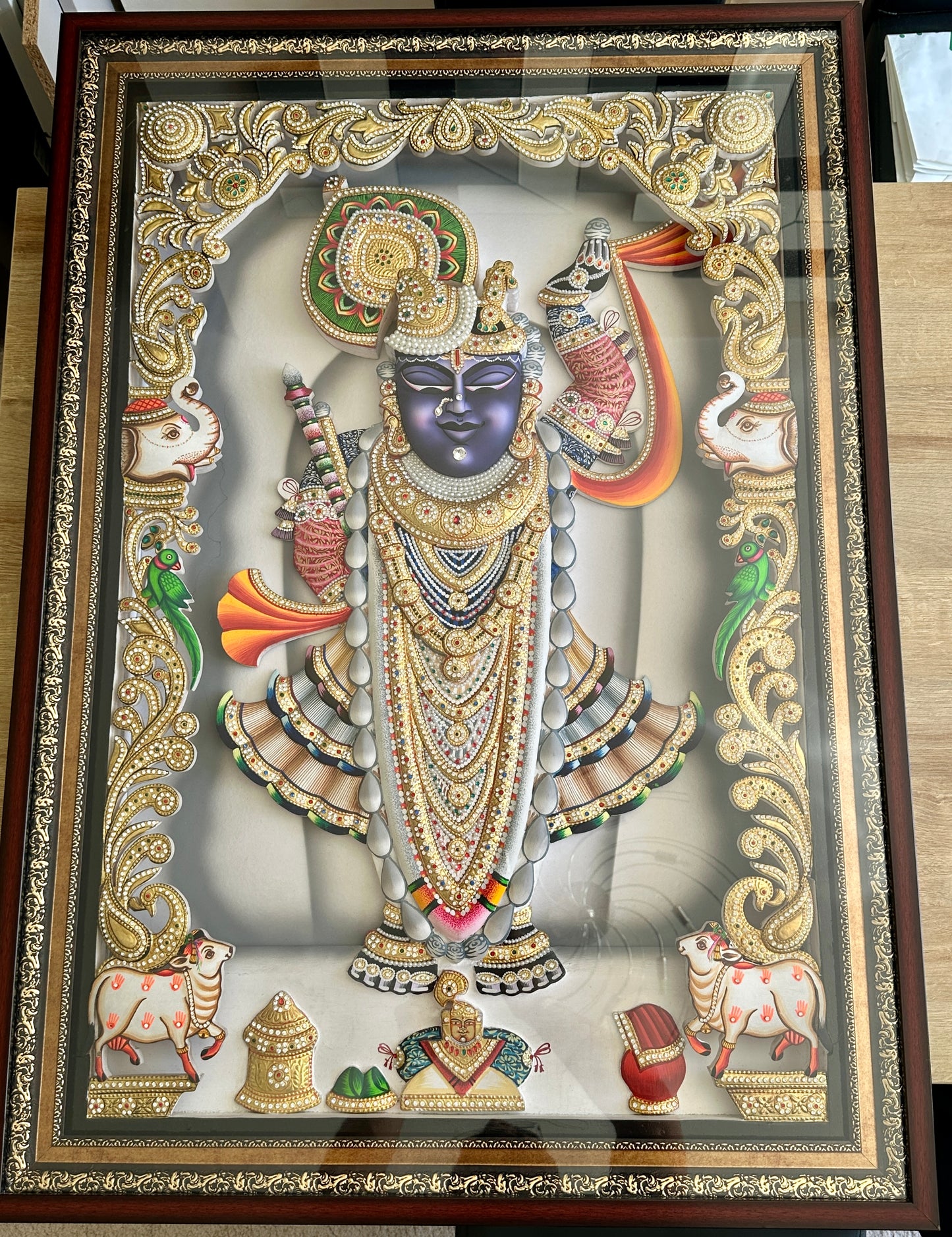 Large 3D Rajbhog Shreenathji artwork with 24kt gold leaf and Swarovski crystals framed wall art
