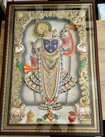 Large 3D Rajbhog Shreenathji artwork with 24kt gold leaf and Swarovski crystals framed wall art