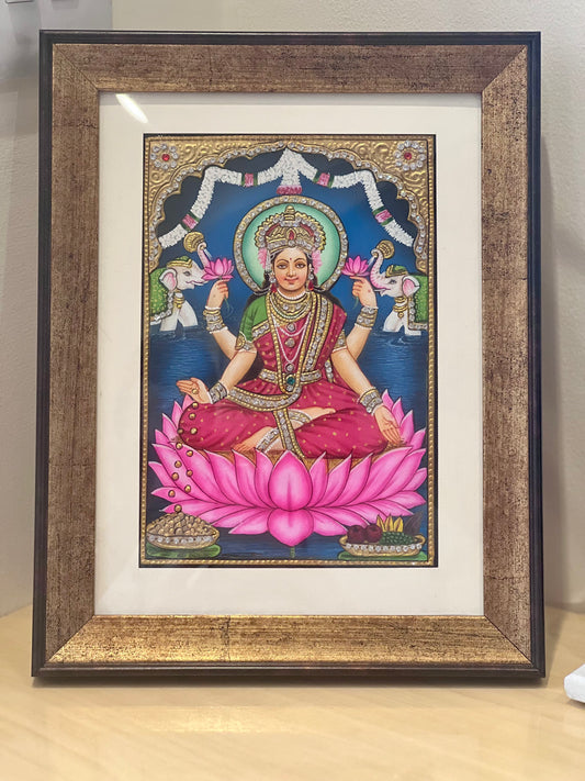 Handpainted Maa Lakshmi (Laxmi) artwork with 24kt gold foil and Swarovski crystal detailing, framed devotional painting