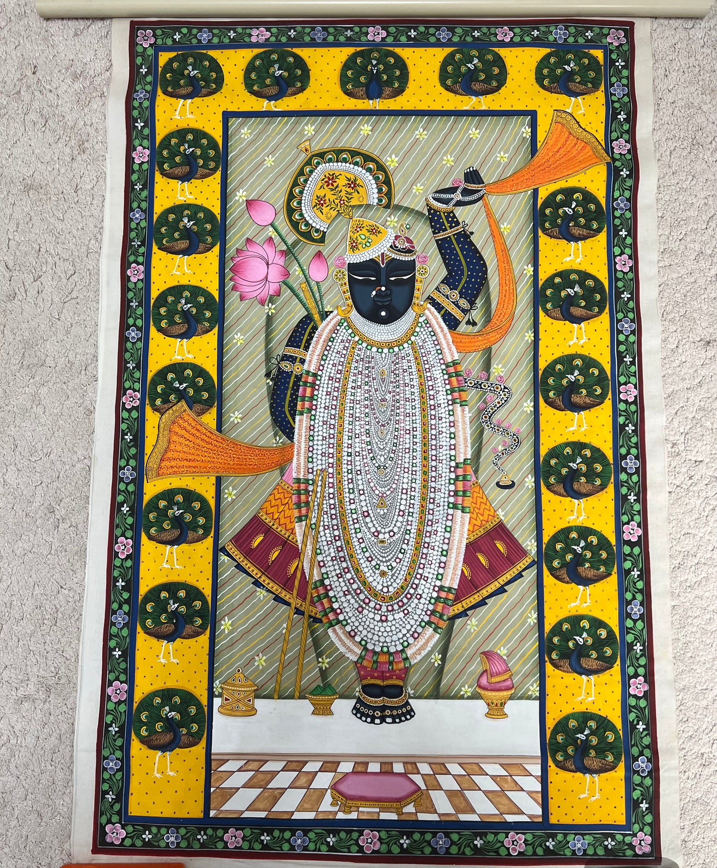 Handpainted Shreenathji Rajbhog Pichwai artwork with peacock border on cotton canvas