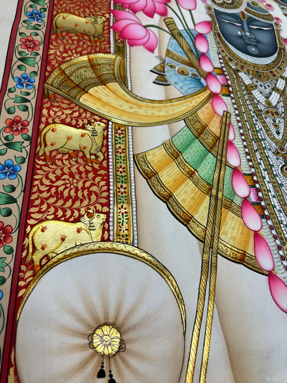 Close-up of Shreenathji Pichwai artwork showing gold leaf detailing and intricate brushwork