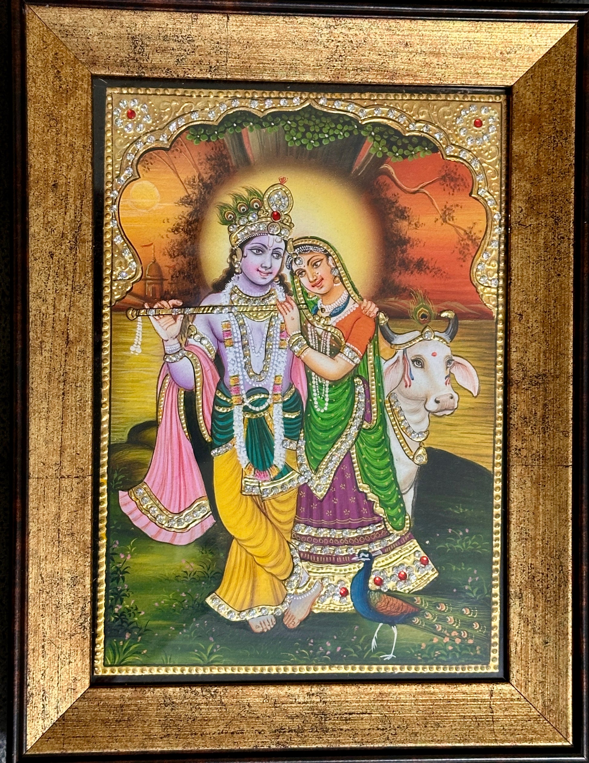 Handpainted Radha Krishna small framed artwork 5x7 inches for home mandir or spiritual décor