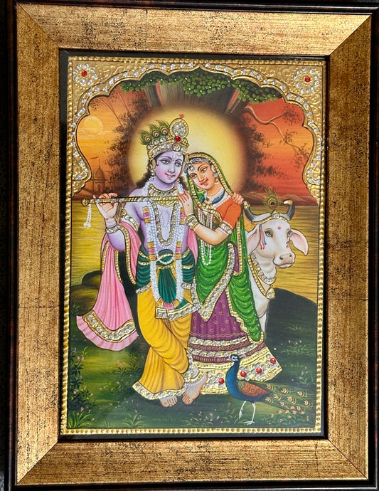Handpainted Radha Krishna small framed artwork 5x7 inches for home mandir or spiritual décor