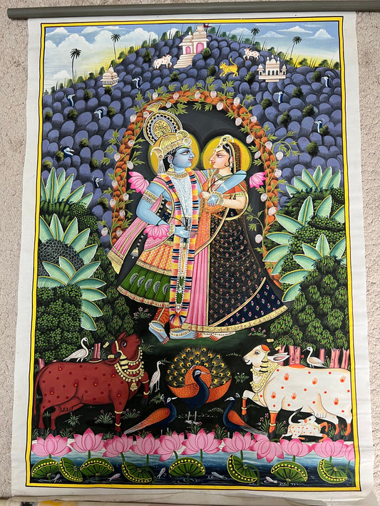 Handpainted Radha-Krishna Pichwai artwork with Govardhan Parvat and 24kt gold leaf on cotton canvas