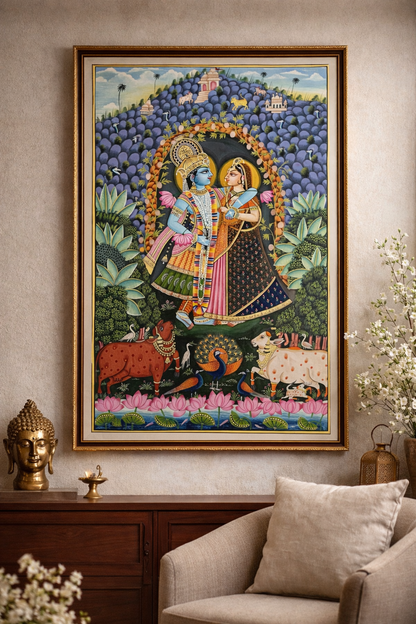 Traditional Radha-Krishna Pichwai painting with Govardhan Parvat, temple, cows and peacocks