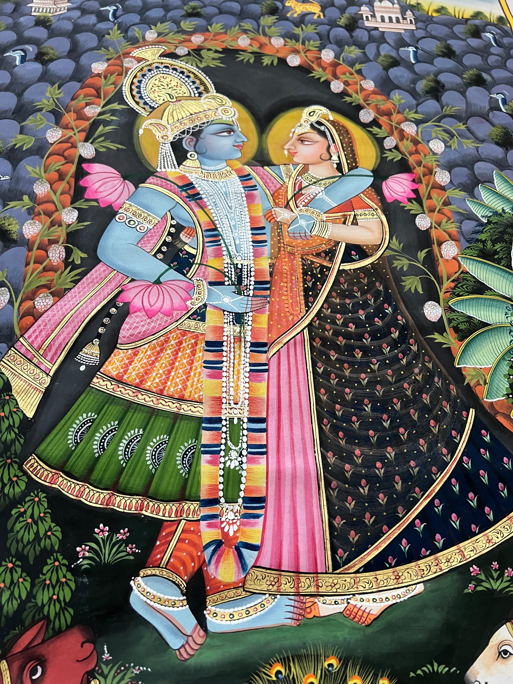 Handpainted Radha-Krishna Pichwai artwork with Govardhan Parvat and 24kt gold leaf on cotton canvas