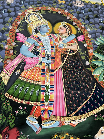 Handpainted Radha-Krishna Pichwai artwork with Govardhan Parvat and 24kt gold leaf on cotton canvas