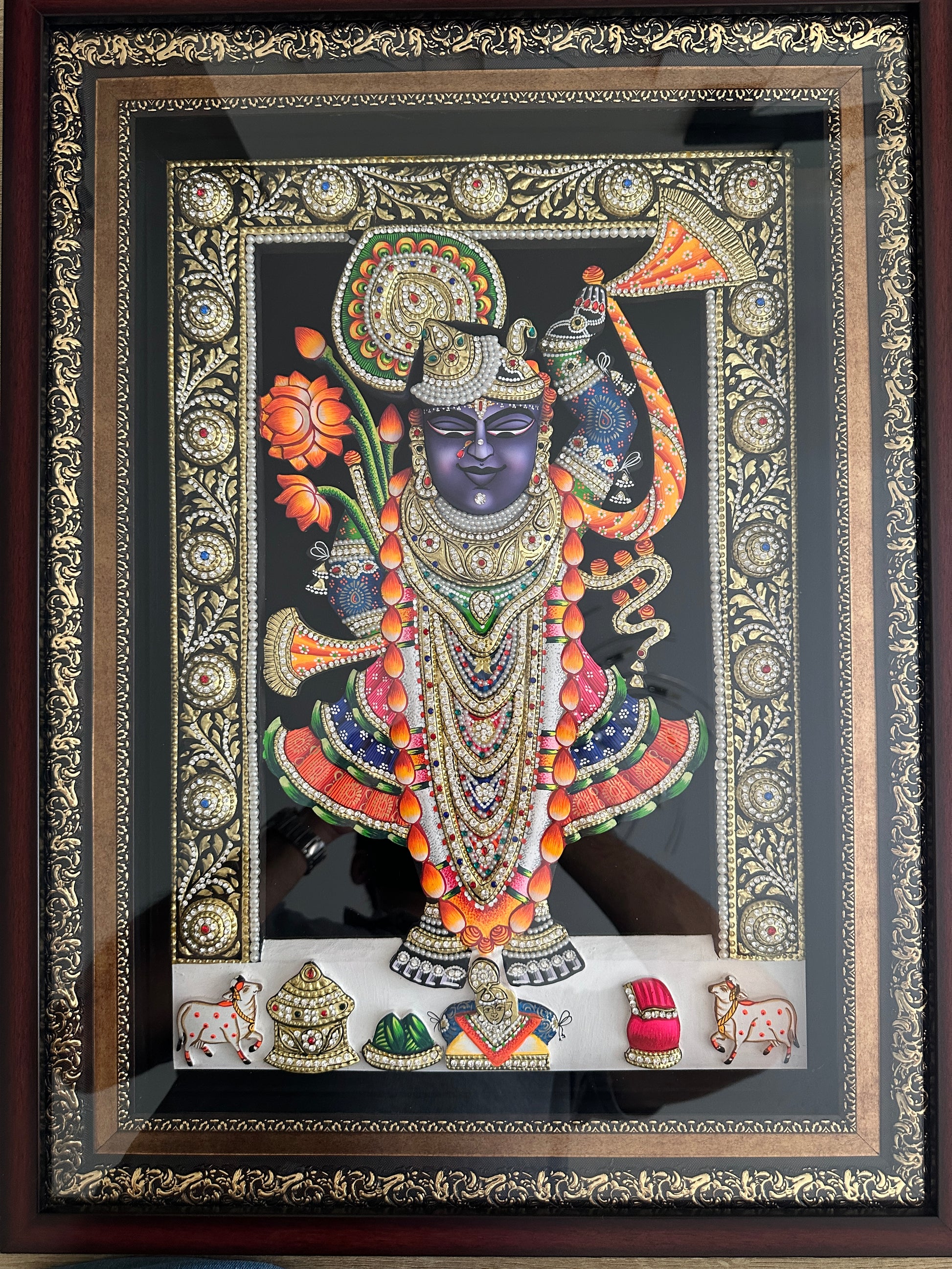 3D Rajbhog Shreenathji Nathdwara artwork with 24ct gold leaf and Swarovski crystals framed wall art