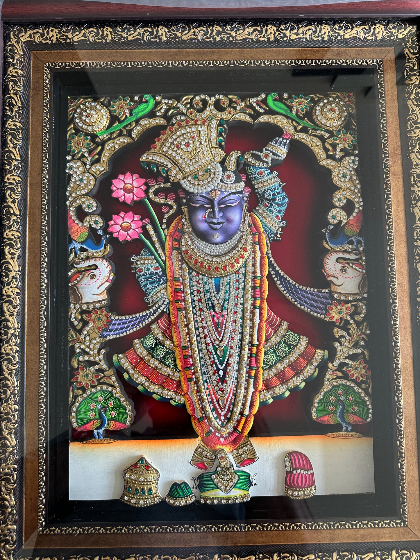 3D Rajbhog Shreenathji handcrafted wooden artwork with 24kt gold leaf and Swarovski crystals
