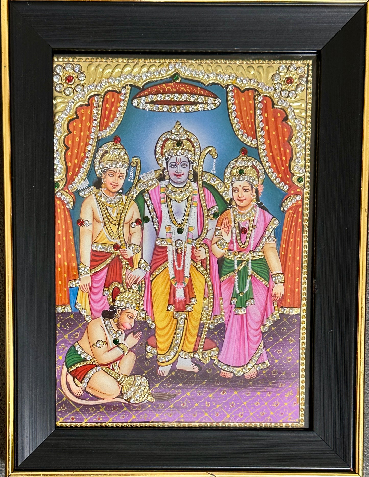 Handpainted Ram Darbar artwork with gold foil and Swarovski crystal detailing, framed devotional wall art
