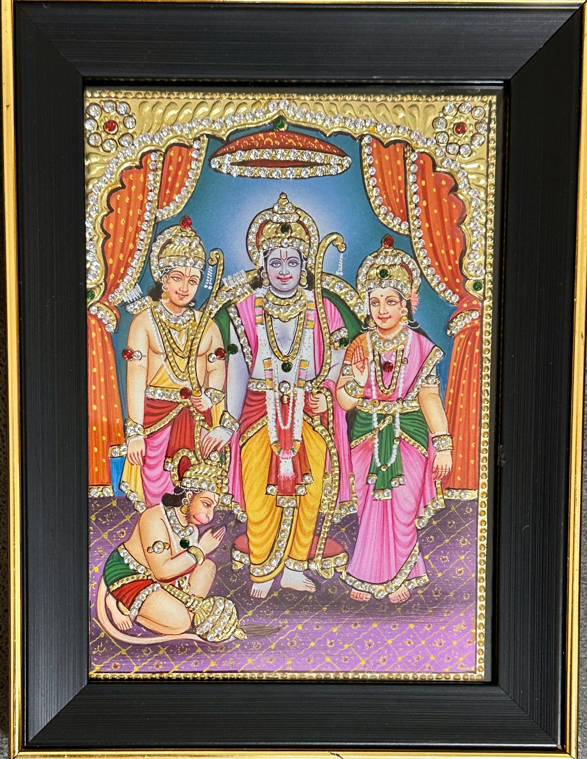 Handpainted Ram Darbar artwork with gold foil and Swarovski crystal detailing, framed devotional wall art