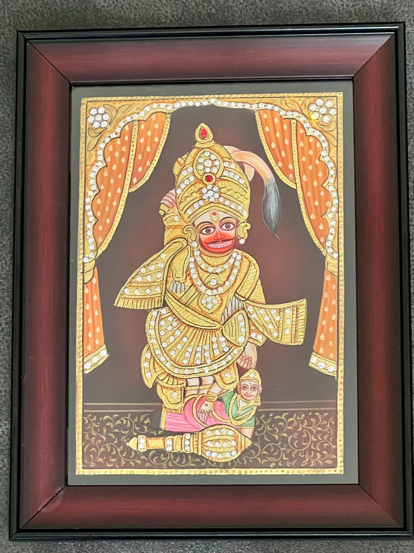 Handpainted Sarangpur Hanuman artwork with 24kt gold foil and Swarovski crystal detailing, framed devotional painting