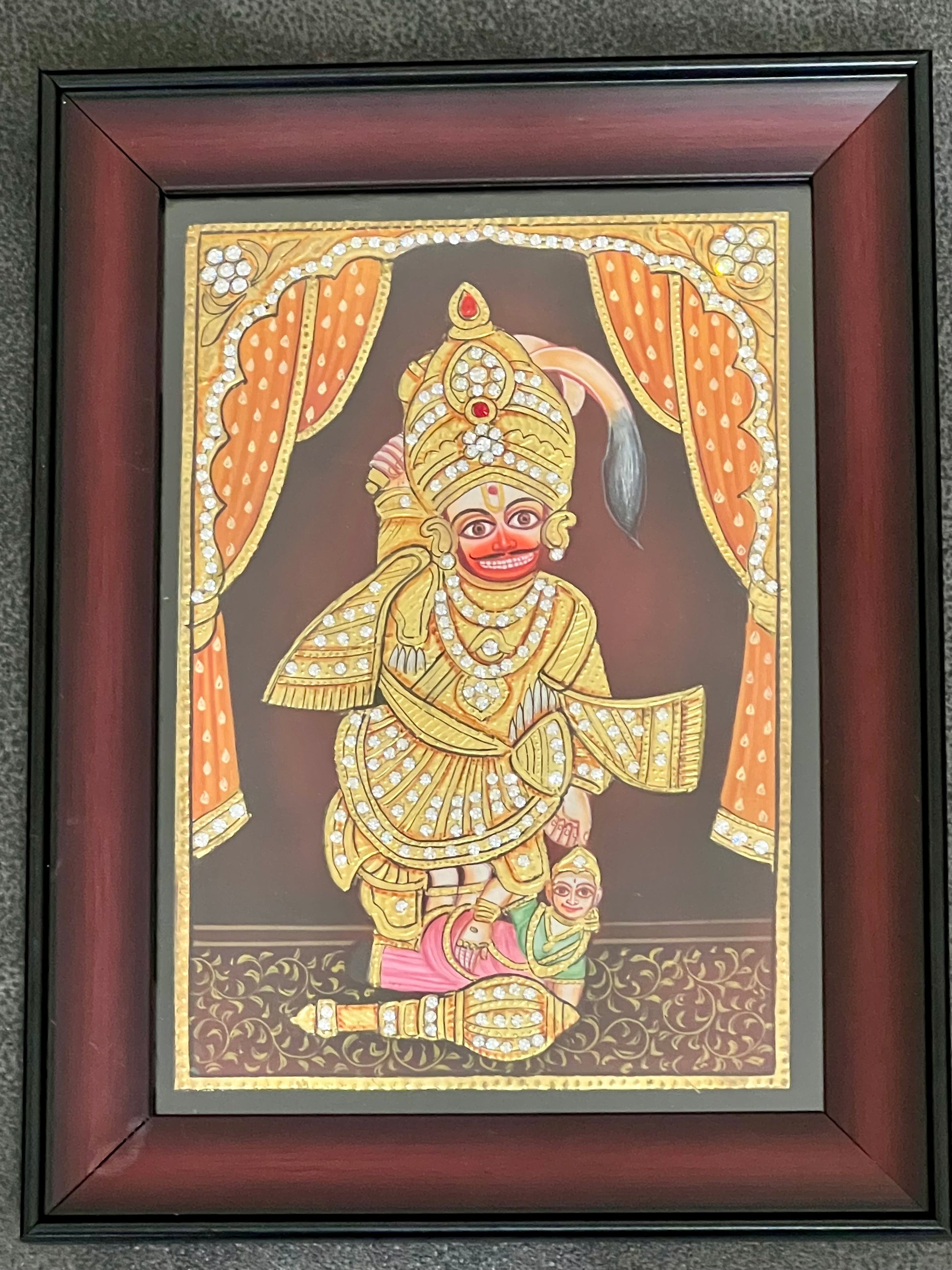 Handpainted Sarangpur Hanuman artwork with 24kt gold foil and Swarovski crystal detailing, framed devotional painting
