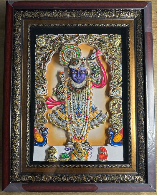 3D Shreenathji handcrafted wooden artwork with 24kt gold leaf and Swarovski crystals, framed devotional wall art