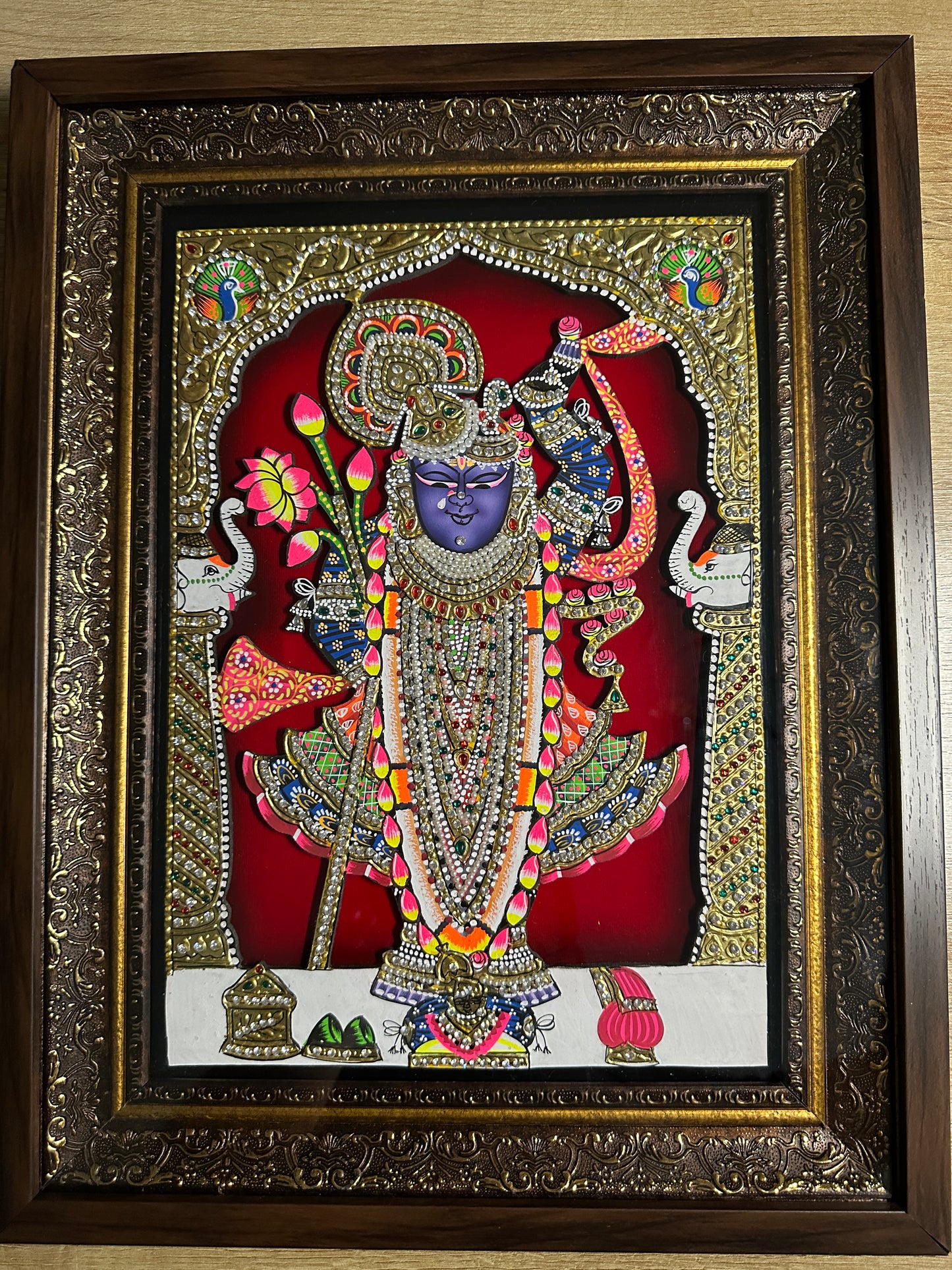 Shreenathji handpainted cut-out wooden artwork with 24kt gold leaf and Swarovski crystals