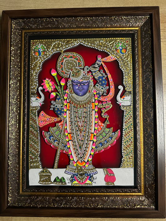 Shreenathji handpainted cut-out wooden artwork with 24kt gold leaf and Swarovski crystals