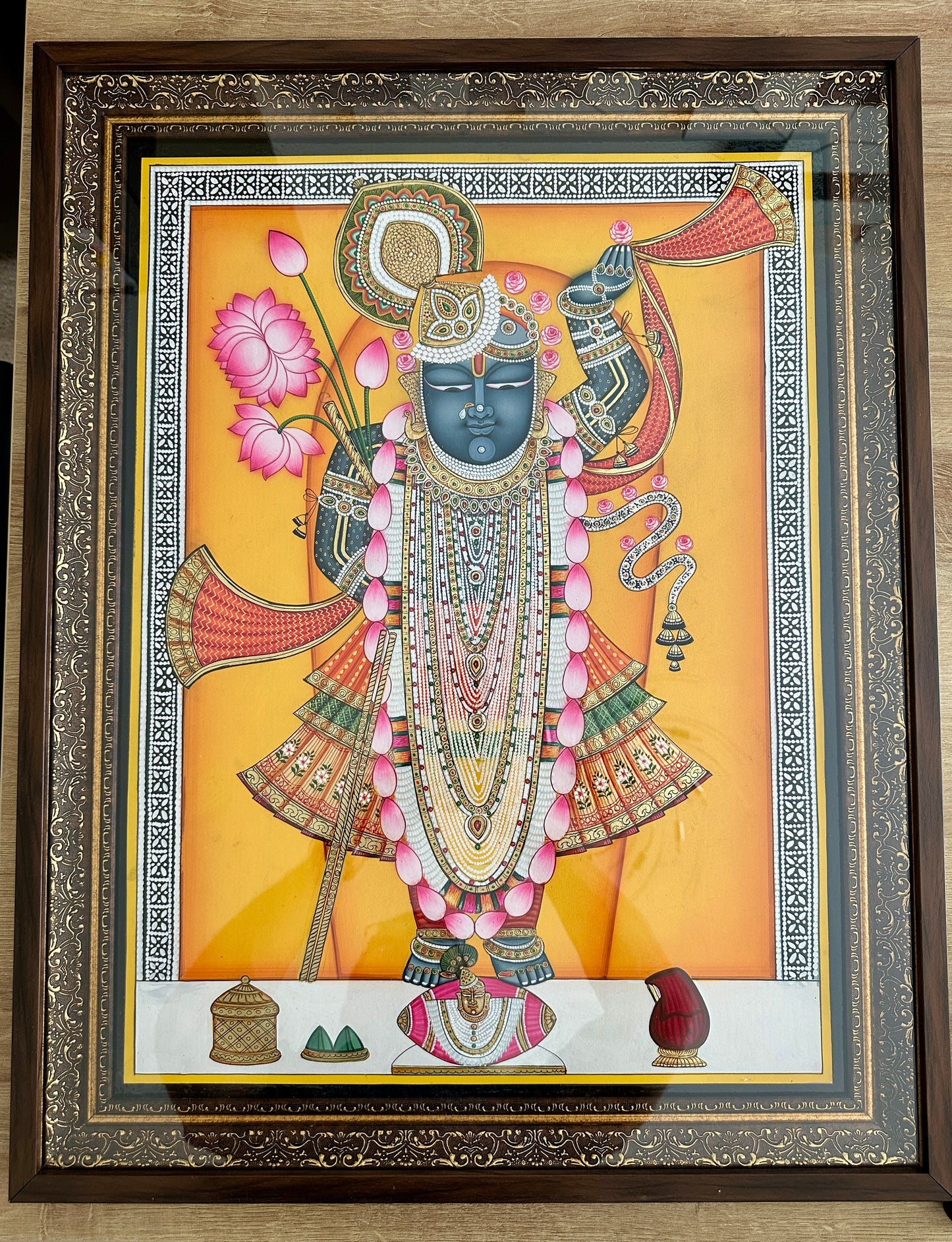 Shreenathji handpainted Pichwai artwork with gold detailing large framed wall art