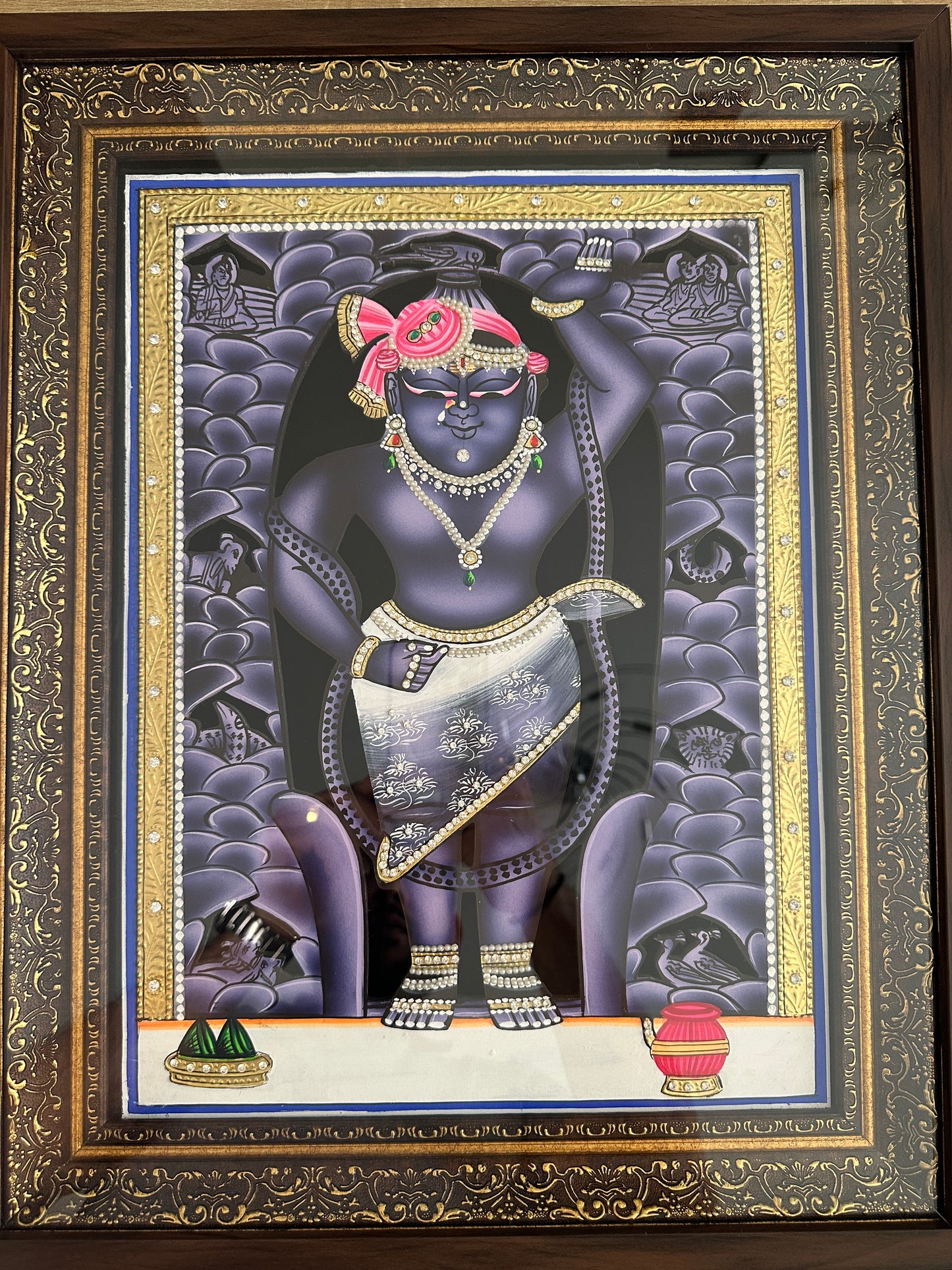 Shreenathji Mangla Swaroop handpainted artwork with 24kt gold leaf and Swarovski crystals framed wall art
