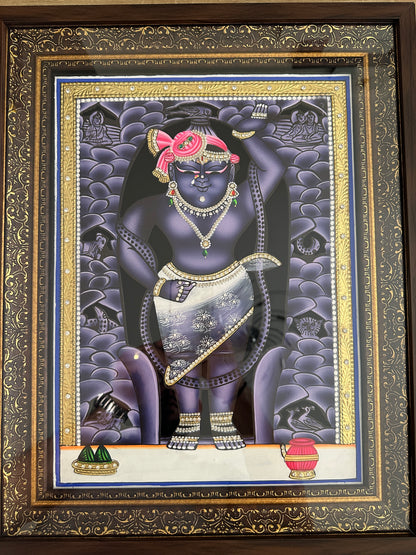 Shreenathji Mangla Swaroop handpainted artwork with 24kt gold leaf and Swarovski crystals framed wall art