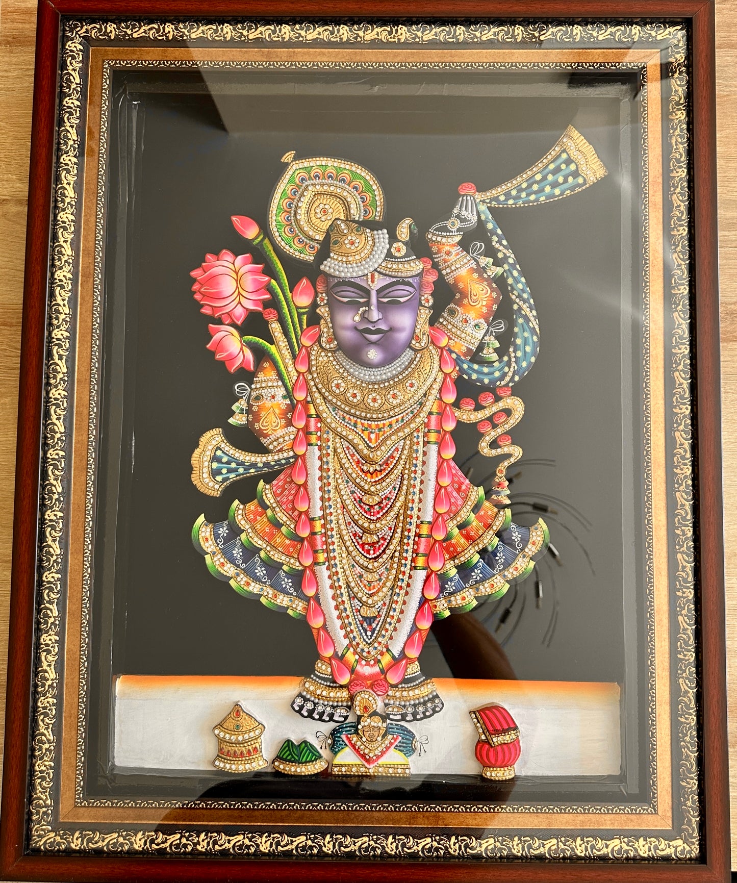 3D Nathdwara Rajbhog Shreenathji artwork with 24ct gold leaf and Swarovski crystals framed wall art