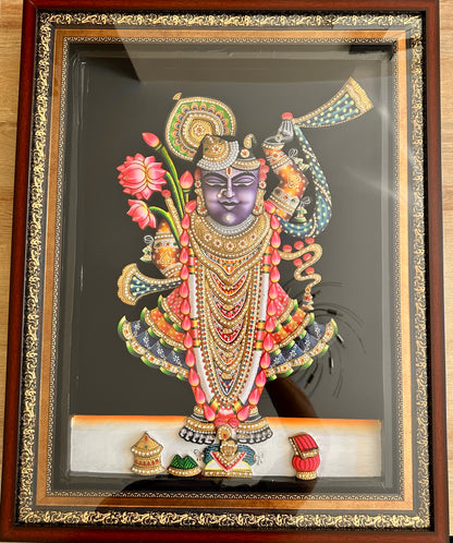 3D Nathdwara Rajbhog Shreenathji artwork with 24ct gold leaf and Swarovski crystals framed wall art
